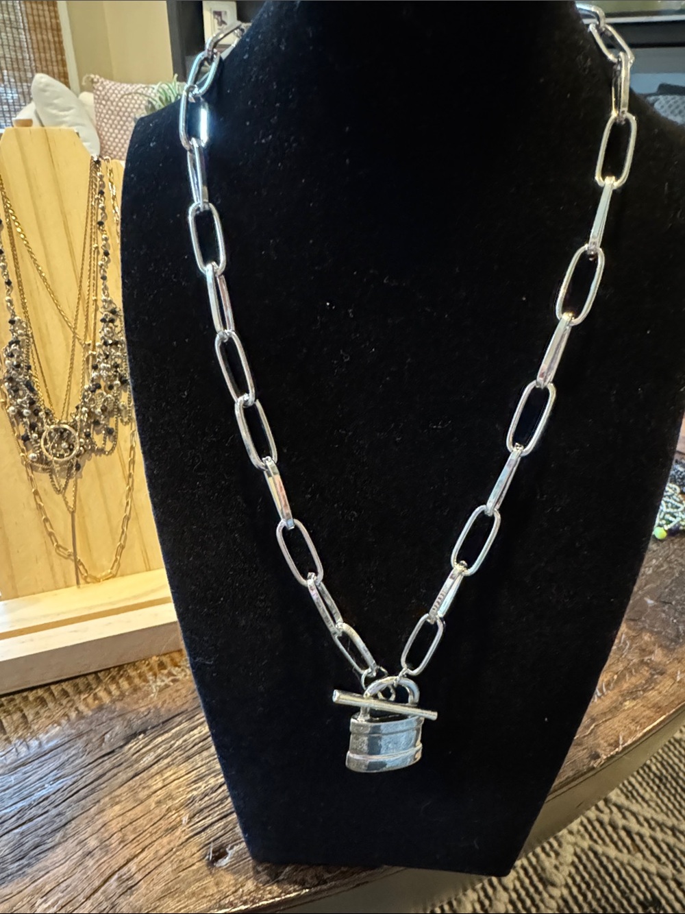 Silver Link Chain Necklace with Barrel Toggle Pendant - Women Jewelry